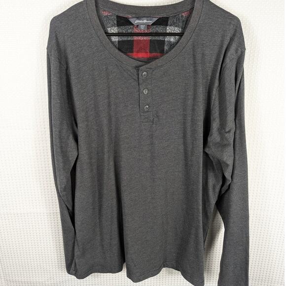 Eddie Bauer Other - Eddie Bauer L Henley Shirt Men Gray Long Sleeve Cotton Plaid Lined Casual Top